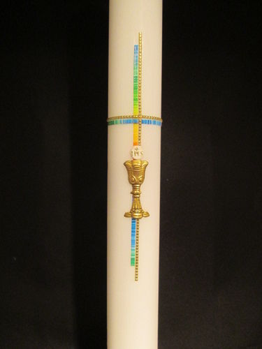 Kommunionkerze - Kreuz Regenbogen mit Perlband